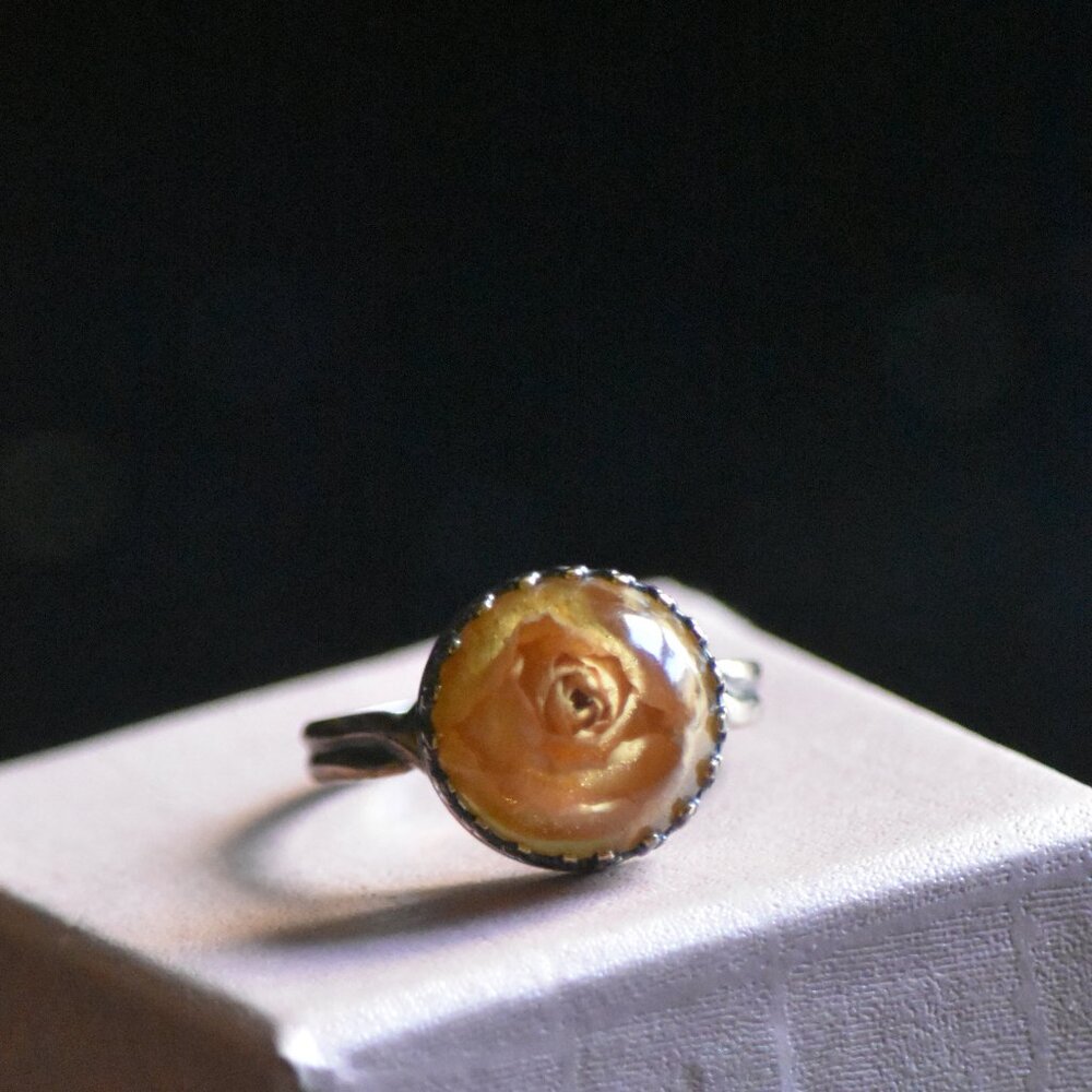 NIB Clear Resin Real Pink Rose Ring - unique adjustable ring